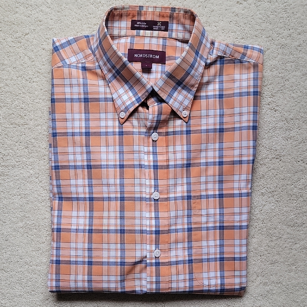 💙 NORDSTROM Short Sleeve SS Button Down Up Plaid Shirt Blue Orange White L